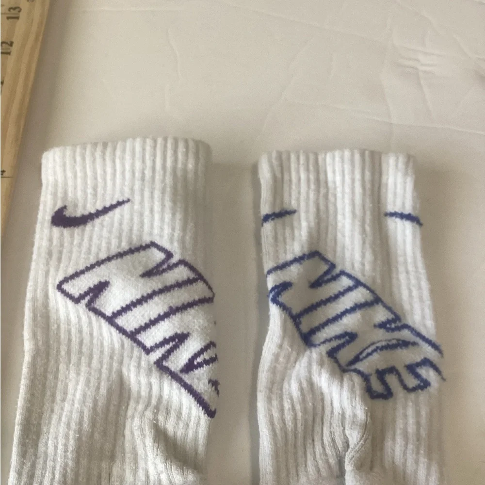 Nike White mix matched Purple and  Blue Athletic Crew Socks size small